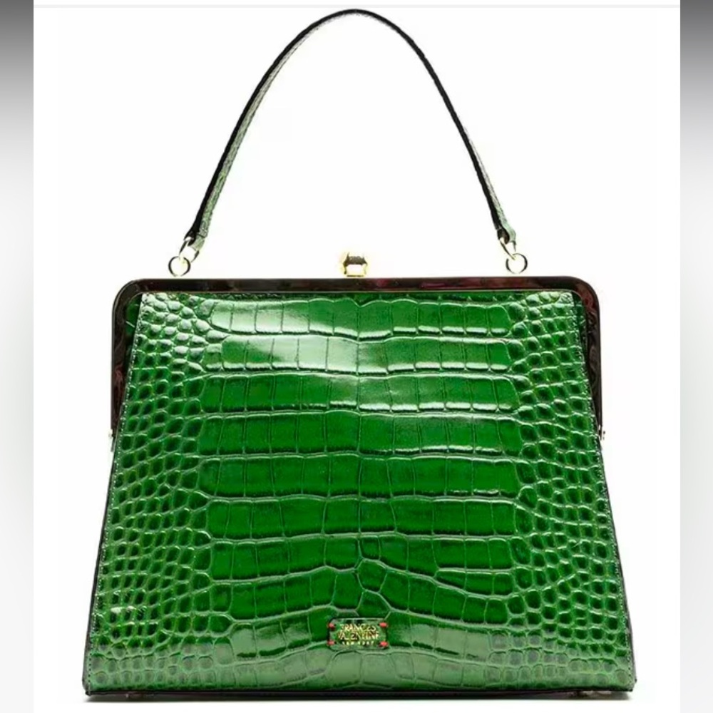 Frances Valentine Green Shoulder Bag with Crocodile Texture and Gold Closure